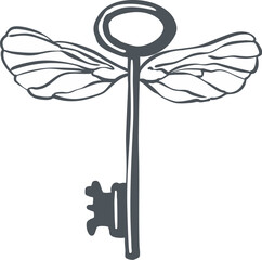 Flying Magic Key Line Art Illustration, Mystical Halloween Symbol of Secrets, Freedom, and Witchcraft. Perfect for enchanted clipart, gothic designs, and magical fantasy artwork