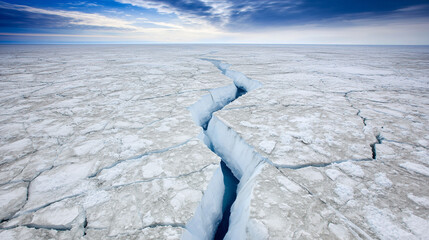 A vast Antarctic glacier with a massive, geometric blue void in the ice, under a troubled, melancholic sky.