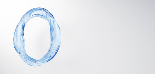 3D Illustration.A circular light blue liquid on a white background. The number 0. Twisted water. Copy space.(Horizontal)