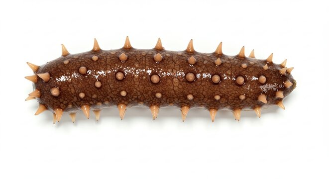 Close-up of a brown sea cucumber with prominent spikes and a white background.