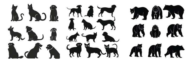 set of 20 bear silhouette icons isolated on white background