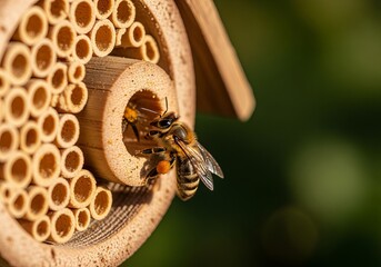 Close-up of bees at a wooden bee hotel in sunlight