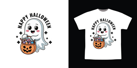 Cute Ghost with Pumpkin Candy Bucket Happy Halloween T-Shirt Design Illustration
