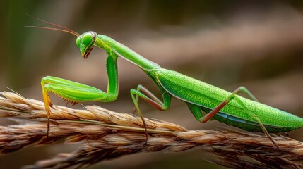 Green praying mantis on grass seed heads
