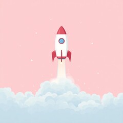 Illustration of a rocket with a window taking off, 3D with smoke behind and pink color behind, image with copyspace, very colorful