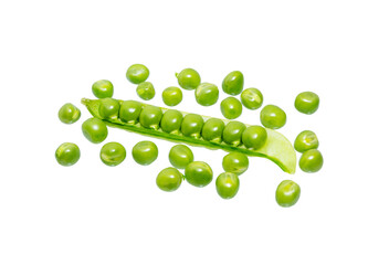 Green pea pod with green peas isolated.