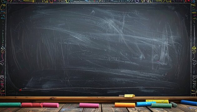 A slightly used chalkboard with chalk dust on the surface is set on a rough wooden ledge with several pieces of colored chalk nearby