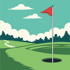 Vector art of golf course with a red flag on a pole next to a hole on a sunny day with green grass and trees