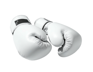 Pair of white boxing gloves, leather-like material,  close-up