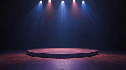 Empty stage spotlighted with dramatic blue and red lighting, ready for performance or product showcase