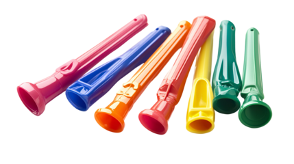 Collection of colorful plastic party blowers isolated on transparent background