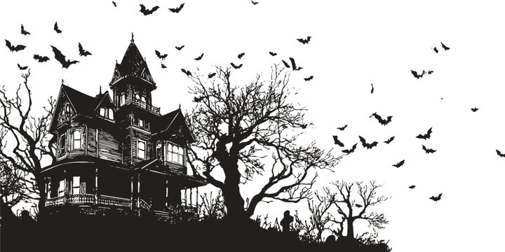 Vintage haunted mansion with bats and graveyard illustration in black and white. Spooky gothic Halloween artwork for posters, cards, seasonal projects.