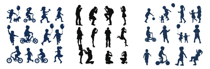 set of 30 children silhouette icons isolated on white background