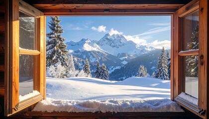 Snowy mountain view from a window