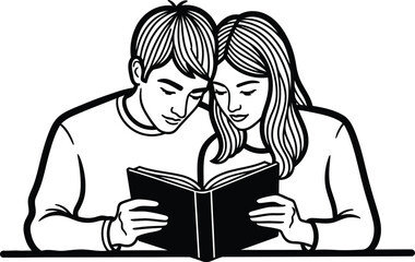 Young couple reading a book together in a close and intimate moment indoors on transparent background