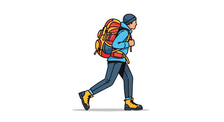 Lone hiker trekking forward with a substantial backpack illustration representing outdoor adventure and solitary journey embodying exploration and