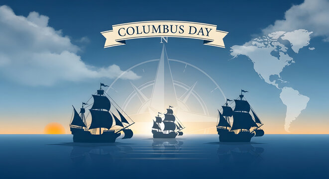 Three historic sailing ships on the ocean under a sky with clouds and a world map representing columbus day