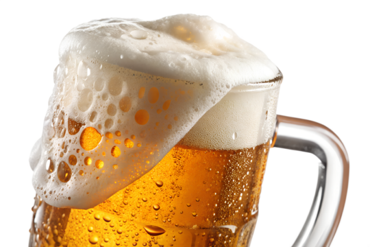 Frothy beer overflowing from a glass mug