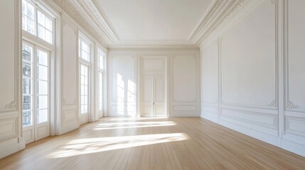 Fototapeta premium Elegant bright empty room with ornate white paneling and large windows casting sunbeams on polished wooden floor