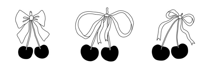 Set of coquette bow ribbon coquettish cherries. Y2k retro whimsical vector illustration. Tshirt print. Vintage sketch drawing. Trendy girly feminine tattoo. Valentines day romantic design element