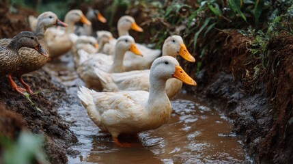 Group of ducks in muddy ditch