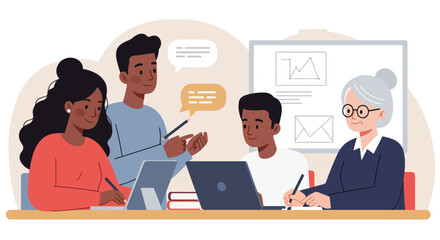 Vector flat illustration of students learning together in classroom with teacher, modern minimal style