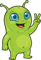 Cartoon green alien, cute extraterrestrial character, friendly space mascot illustration, playful sci fi creature artwork, peace sign alien design graphic