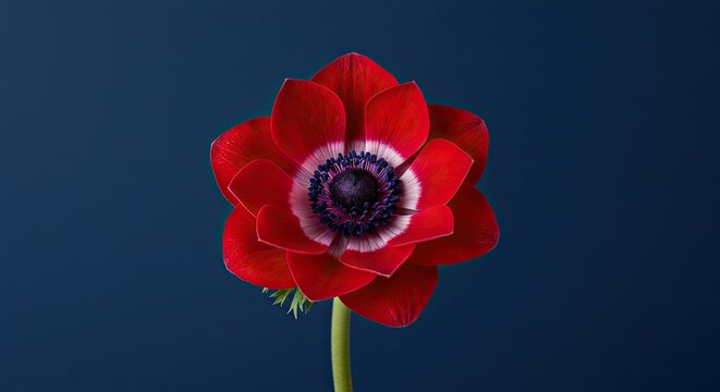 A single vibrant red anemone flower with a dark purple center, isolated against a solid deep blue background. - Powered by Adobe