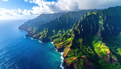 Obraz premium Coastal aerial view features jagged green mountains rising from blue water under a bright sky with clouds, displaying scenic natural beauty