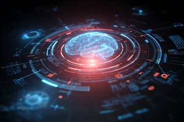 Futuristic digital brain hologram pulsates with glowing blue energy within advanced technological interface, symbolizing AI and innovation