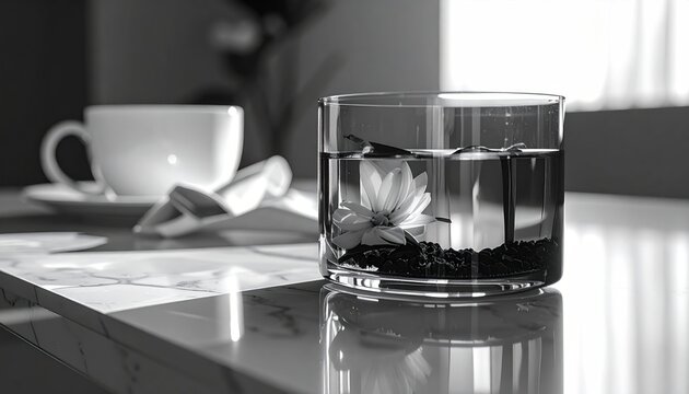 B&W Lotus in clear glass, water, marble top, cup/saucer, soft light. Still life scene evokes calmness, peace and serenity