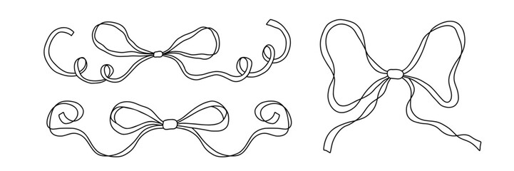 Cute retro coquette bows. White and black elegant ribbons line art illustration for wedding and Christmas designs. Hand drawn silk tape accessory. Girly decor clipart. Vector illustration