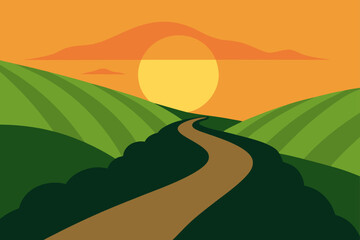 Winding dirt road through rolling green hills towards a bright sun at sunset