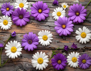 Obraz premium Vibrant Purple and White Flowers on Rustic Wooden Surface
