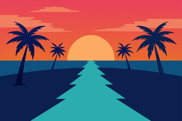 Stylized tropical island sunset with palm trees and a path leading to the ocean horizon
