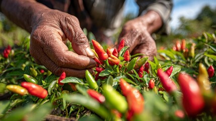 Hands harvesting chili peppers