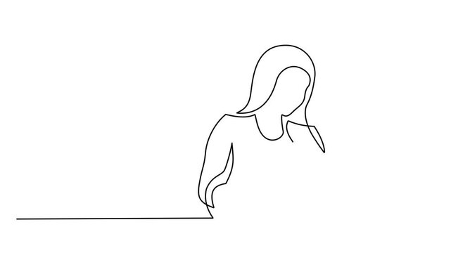 Continuous line drawing animation of a woman working on a laptop on a white background, remote work, productivity, digital communication, or online learning