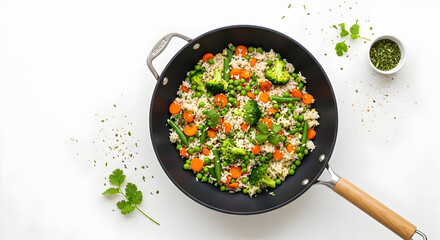 Vibrant and Healthy Vegetable Fried Rice Dish in a Wok, Top View on a Clean White Background with Fresh Herbs