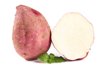 Sweet Potatoes from Shaanxi Province China - Whole and Sliced with White Flesh and Mint Leaves on White Background