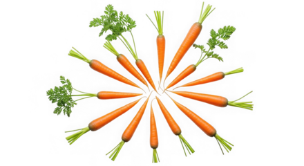 Freshly harvested carrots arranged in a starburst pattern isolated on transparent background