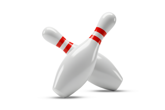 Two white bowling pins with red stripes crossed in mid-air. 3d rendering, transparent background
