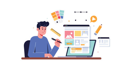 Web designer at work creating website layout with design tools and color palette creating the ultimate design experience