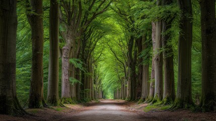 Obraz premium Lush Forest Pathway Surrounded by Tall Green Trees in Daylight