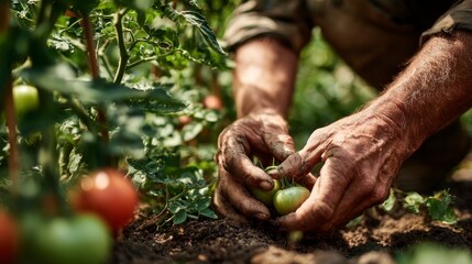 Hands harvesting green tomatoes