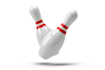 Two white bowling pins with red stripes falling through the air. 3d rendering, transparent background