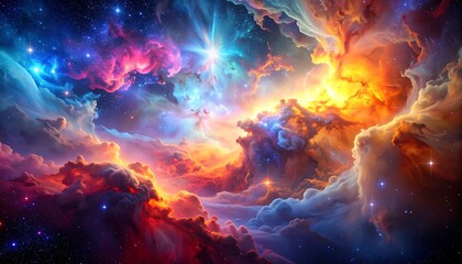 Naklejka premium A vibrant depiction of a cosmic nebula. Swirling clouds of fiery oranges, radiant yellows, and vibrant blues fill the view, interspersed with bright stars
