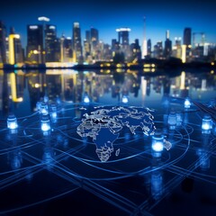 Digital world map with glowing network connections and modern city skyline at night