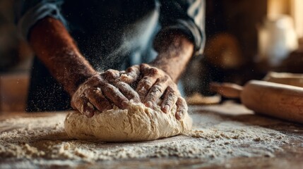 Hands kneading dough in kitchen