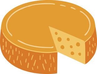 Round cheese wheel with a cut wedge and holes