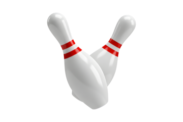 A pair of floating white bowling pins with red stripes. 3d rendering, transparent background